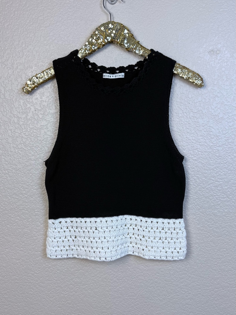 alice + olivia • Black & White Crocheted Hem Tank